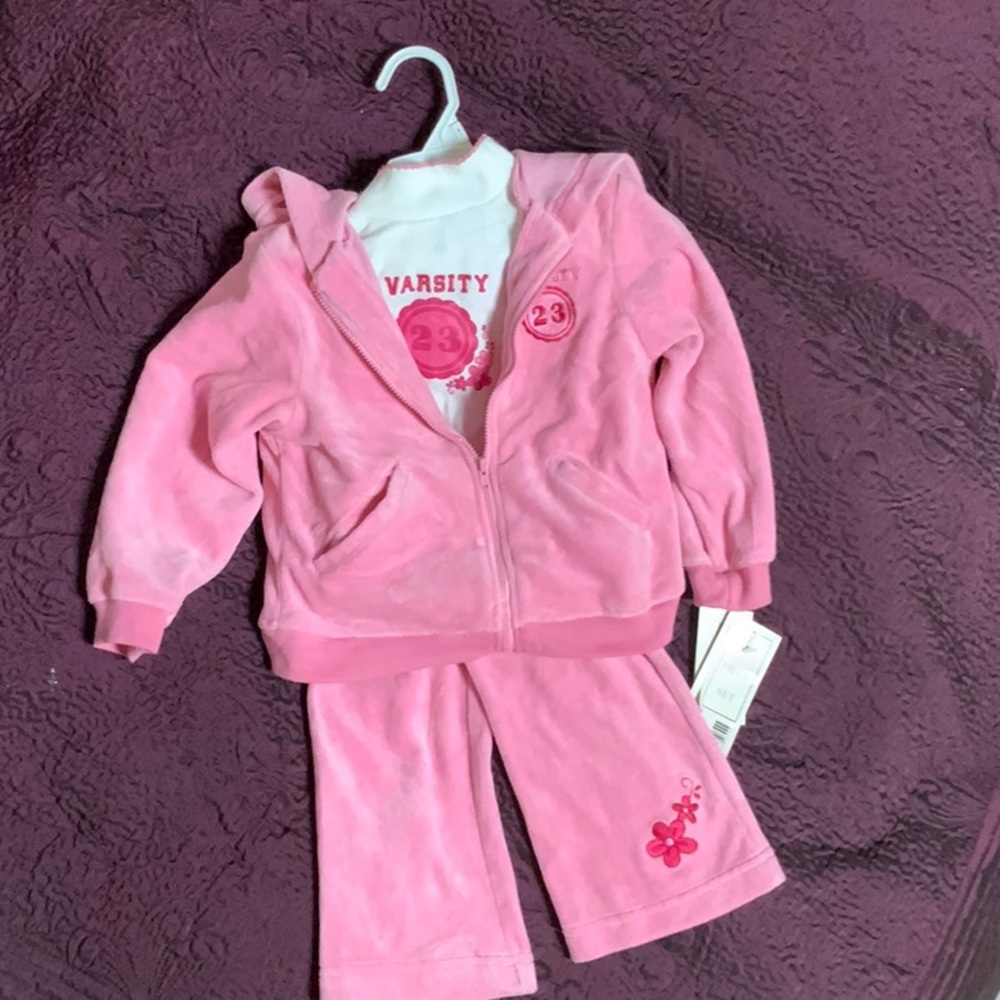 Pink velour sweatpants and hoodie set